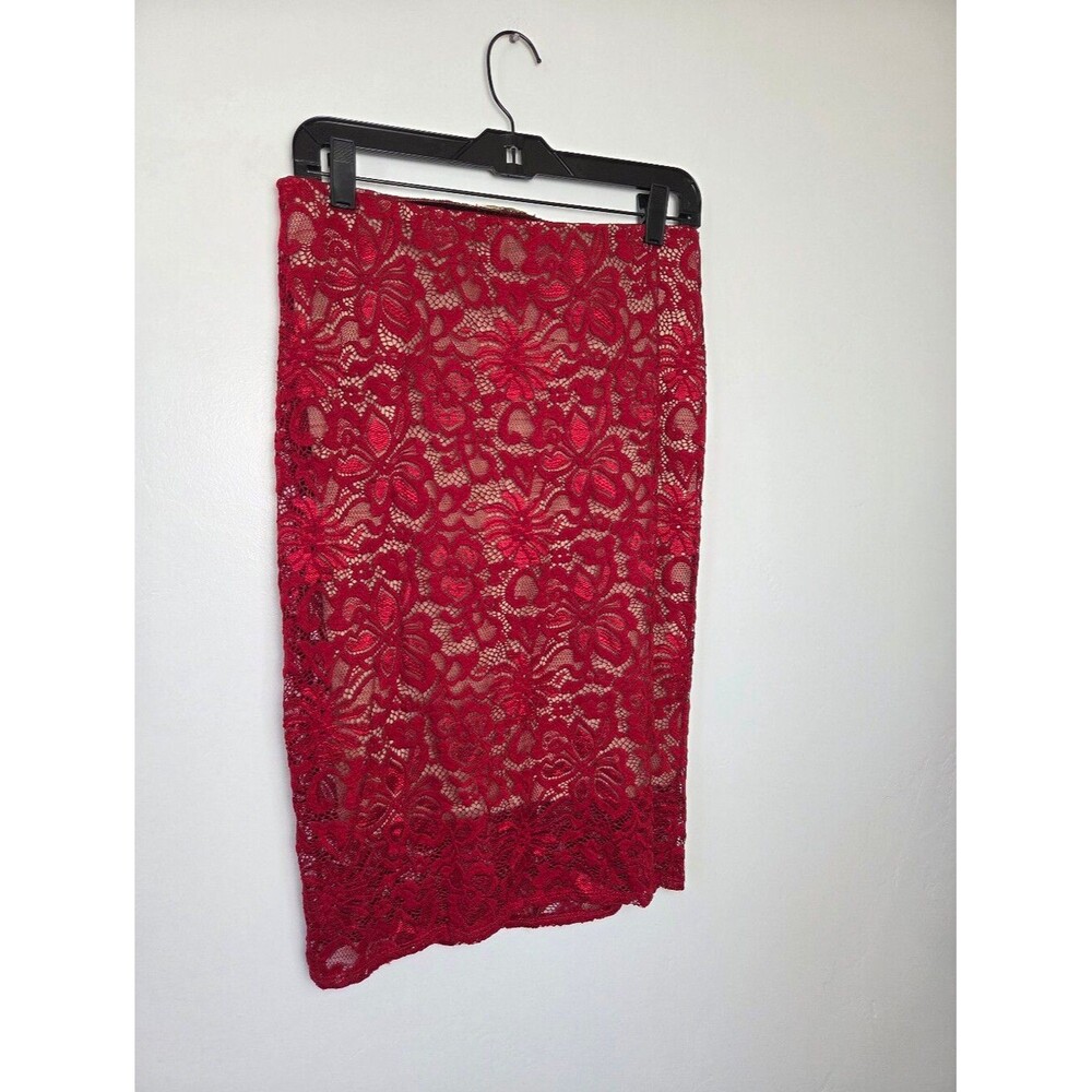 Olive Tree Red Lace Pencil Skirt Coquette Whimsical Wedding Guest Preppy Formal